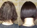 Vorher-Nachher-Vergleich: Dünnes Haar wird zu voluminösem Bob gestylt.