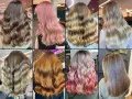 Collage mit acht Frisuren: blonde, braune, rote und pinke Haare, wellig und glatt.