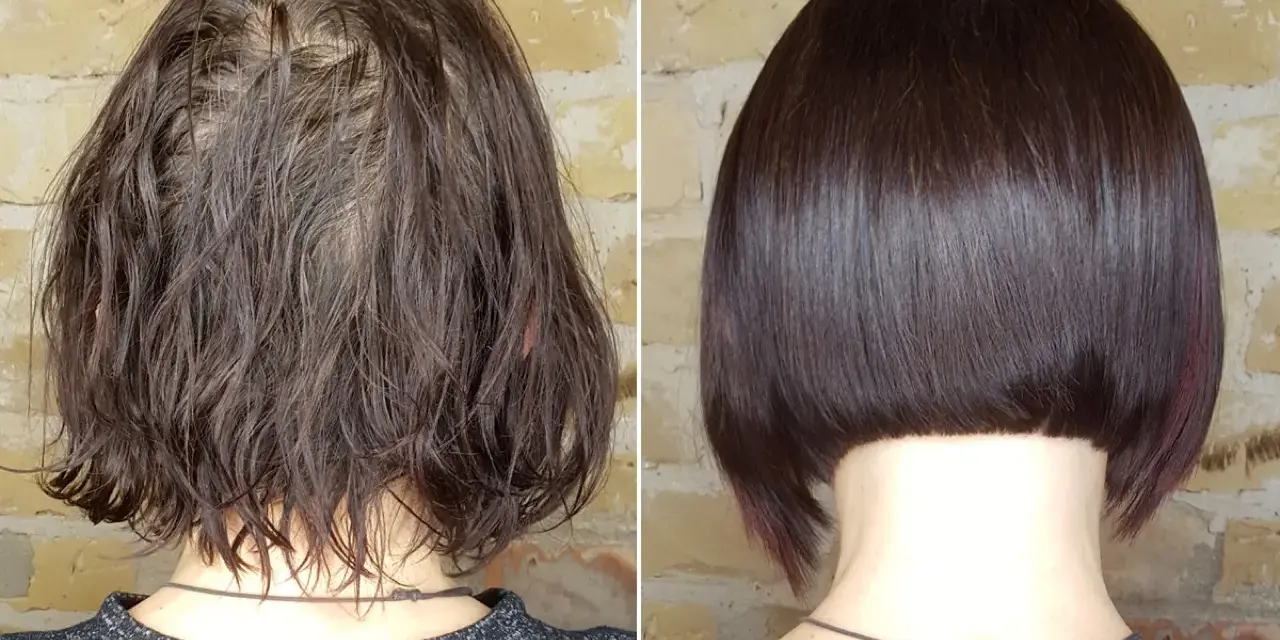 Vorher-Nachher-Vergleich: Dünnes Haar wird zu voluminösem Bob gestylt.