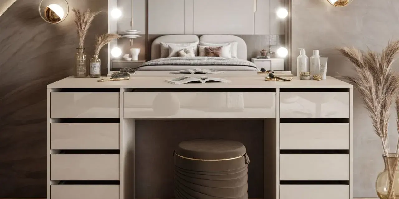 Moderner Schminktisch mit Spiegel, Lichtern, Schubladen und Hocker vor einem Bett.