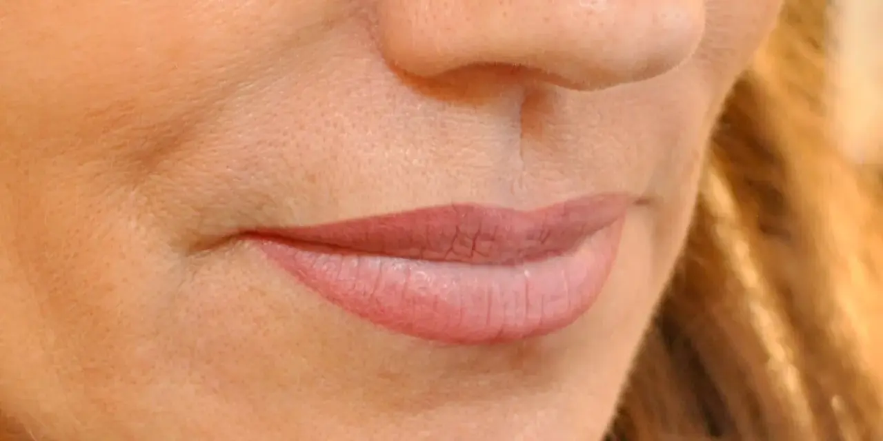 Nahaufnahme von vollen, natürlich geschatteten Lippen mit zarter PMU.