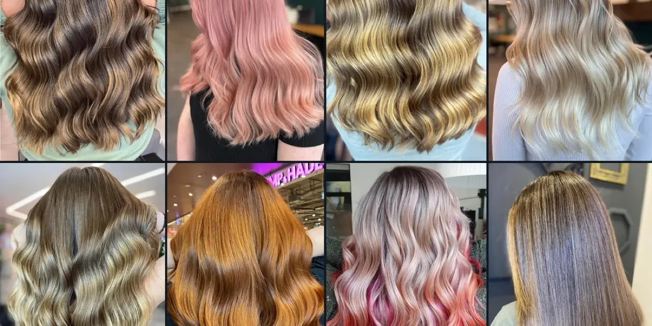 Collage mit acht Frisuren: blonde, braune, rote und pinke Haare, wellig und glatt.