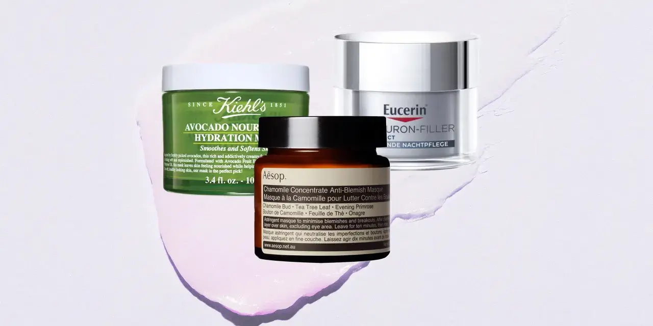 Drei Hautpflegeprodukte: Kiehl's Avocado, Eucerin Hyaluron-Filler, Aesop Chamomile.