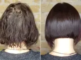 Vorher-Nachher-Vergleich: Dünnes Haar wird zu voluminösem Bob gestylt.