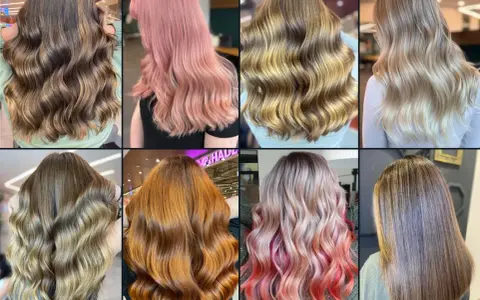Collage mit acht Frisuren: blonde, braune, rote und pinke Haare, wellig und glatt.