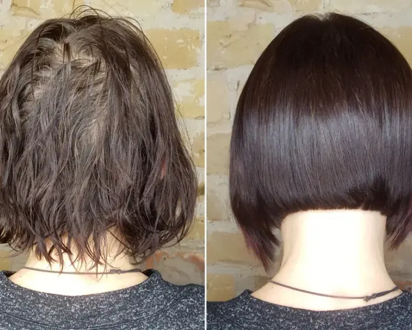 Vorher-Nachher-Vergleich: Dünnes Haar wird zu voluminösem Bob gestylt.