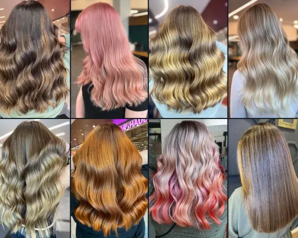 Collage mit acht Frisuren: blonde, braune, rote und pinke Haare, wellig und glatt.