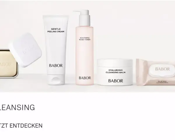 Babor Kosmetikprodukte: Seife, Peeling-Creme, Toner, Reinigungsbalsam und Tücher.