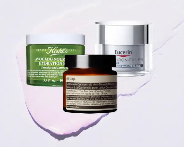 Drei Hautpflegeprodukte: Kiehl's Avocado, Eucerin Hyaluron-Filler, Aesop Chamomile.