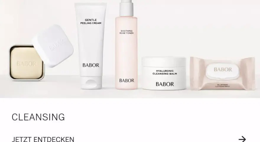 Babor Kosmetikprodukte: Seife, Peeling-Creme, Toner, Reinigungsbalsam und Tücher.