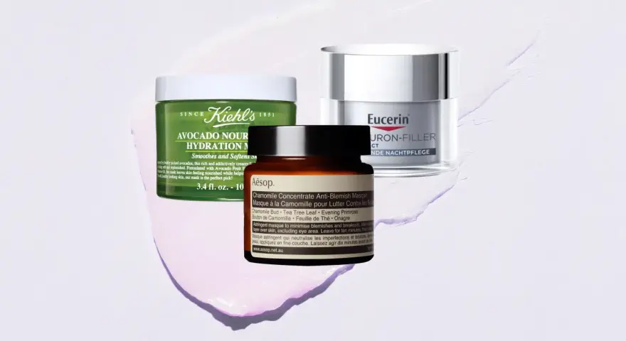 Drei Hautpflegeprodukte: Kiehl's Avocado, Eucerin Hyaluron-Filler, Aesop Chamomile.