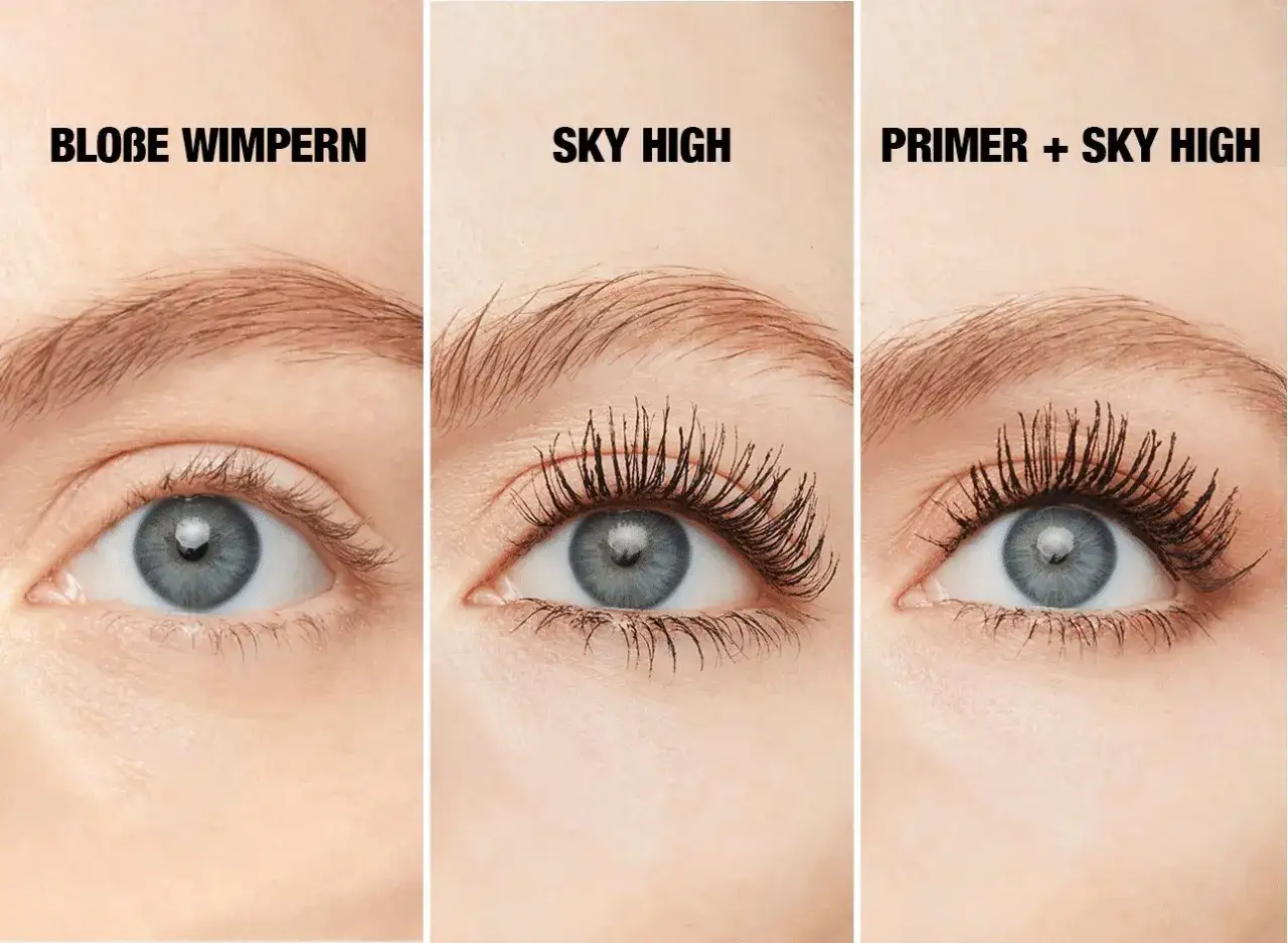 Wimpern vor und nach Mascara Anwendung für Volumen und Länge